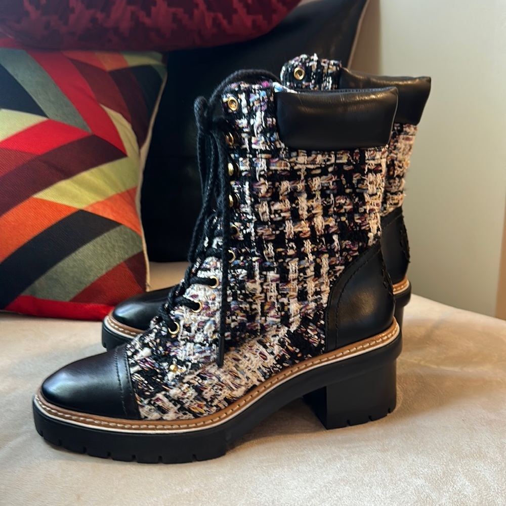 Mint Condition Tory Burch Tweed Pattern Combat Boots 7.5M